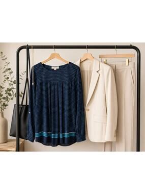 LOFT Navy & Turquoise Dot Print Blouse Small Long Sleeve Pleated Back